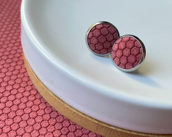 Leather studs in ruby honeycomb print. Pink studs. Hypoallergenic surgical stainless steel.