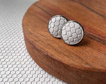 Leather studs in white honeycomb print. White studs. Hypoallergenic surgical stainless steel.