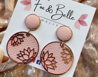 Leather dangle earrings- lotus in pink with rose gold. Stainless steel post. Hypoallergenic. Light weight earring. 12mm stud.