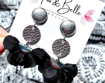 Leather earrings- silver floral dangle earrings. Stainless steel silver stud with black material floral fan. Silver  earrings. Light weight.