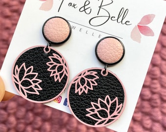 Leather dangle earrings- lotus in black with pink. Stainless steel post. Hypoallergenic. Light weight earring. 12mm stud.
