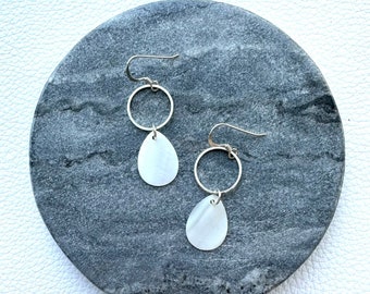 Dangle earrings with pearlised tear drop. Silver hoop. Large or small tear drop. Hypoallergenic. Pearl earrings. Tear drop. Boho earrings