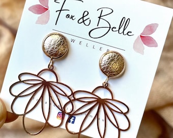 Rose gold floral dangle earrings with 10mm/12mm rose gold leather stud. Hypoallergenic stainless steel. Small or large.