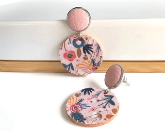 Cork earrings in pink pansy with blush pink leather stud. Stainless steel post. Hypoallergenic. Light weight earring. 12mm stud.