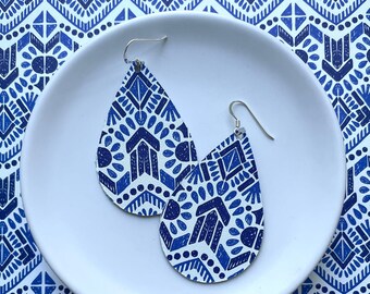 Leather Earrings- Tear Drop Aztec blue print. Hypoallergenic sterling silver hooks. Light weight earrings.