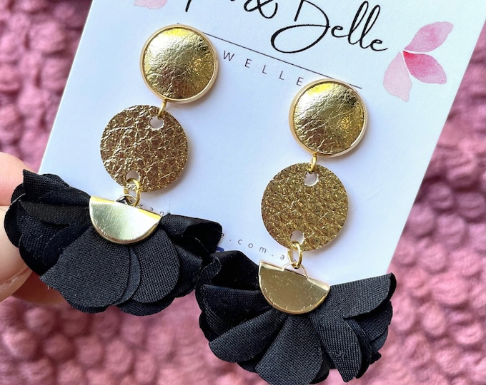 Featured listing image: Leather earrings- golden floral dangle earrings. Stainless steel gold stud with black material floral fan. Gold earrings. Light weight.