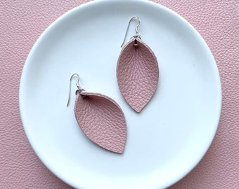Leather leaf earrings. Leaf earrings. Leather earrings. Boho earrings. Pink earrings.