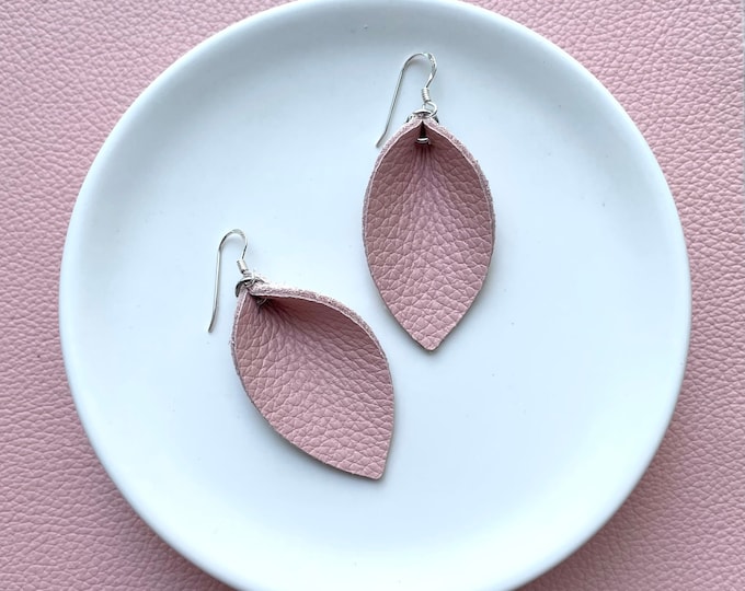 Featured listing image: Leather leaf earrings. Leaf earrings. Leather earrings. Boho earrings. Pink earrings.