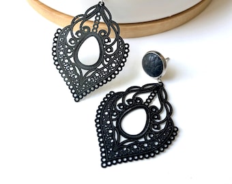Black lace filigree dangle earrings with a black 10mm leather stud. Hypoallergenic stainless steel. Butterfly back.