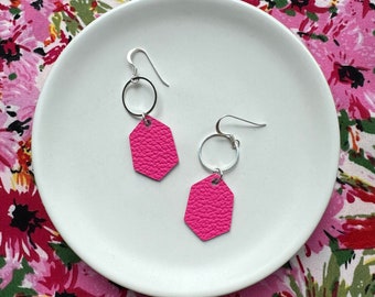 Leather earrings. Hot pink Stella dangle earrings. Sterling silver hooks. Light weight. Leather dangles. Pink earrings.