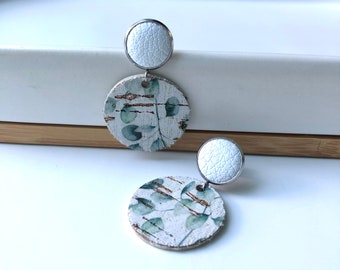 Cork earrings in eucalyptus with white leather stud. Stainless steel post. Hypoallergenic. Light weight earring. 12mm stud.
