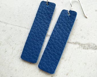 Leather earrings- Bar design in royal blue. Hypoallergenic sterling silver hooks. Light weight earrings.