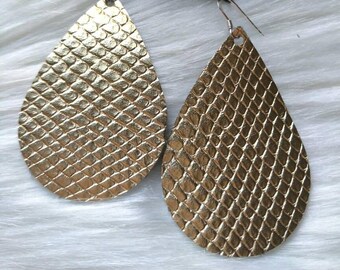 Leather Earrings- Tear Drop gold snake print. Hypoallergenic sterling silver hooks. Light weight earrings.