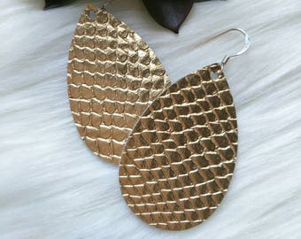 Leather Earrings- Mini Drop in gold snake print. Hypoallergenic sterling silver hooks. Light weight earrings.