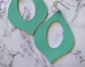 Leather Earrings- Genie shape in Tiffany green print. Hypoallergenic sterling silver hooks. Light weight earrings.