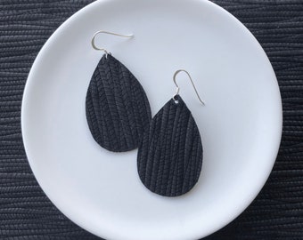 Leather Earrings- Mini Drop Bamboo Weave in black print. Hypoallergenic sterling silver hooks. Light weight earrings.