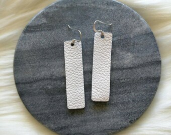 Leather earrings- Bar design in  white. Hypoallergenic sterling silver hooks. Light weight earrings.