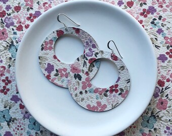 Leather earrings - The Eclipse in Watercolour flowers. Round earrings. Hypoallergenic sterling silver hooks. Light weight earrings.