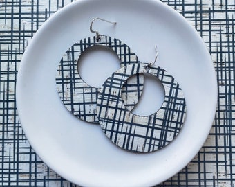 Cork earrings with leather backing - The Eclipse in slate grey check. Round earrings. Sterling silver hooks. Light weight earrings.