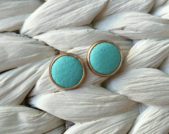 Rose Gold Leather studs in tiffany green. Hypoallergenic surgical stainless steel bezel.