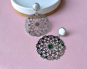Silver mandala dangle earrings with 12mm leather stud. Hypoallergenic stainless steel. Silver dangle earrings. Butterfly back.