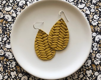 Leather Earrings- Mini Drop in Yellow Braided print. Hypoallergenic sterling silver hooks. Light weight earrings.