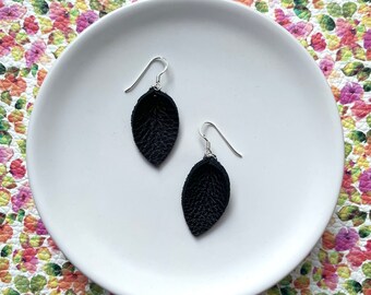Small leaf drop earrings in black. Tiny tear drop. Tiny leaf earrings. Black earrings. Leather earrings. Leather dangles. Light earrings.