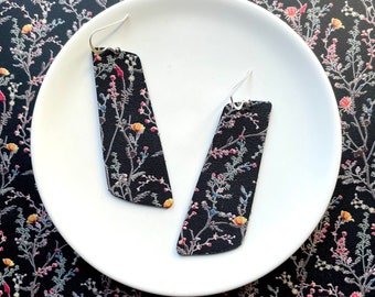 Leather earrings- The Nova in Japanese garden. Floral earrings. Black earrings. Light weight earrings. Hypoallergenic sterling silver hook.