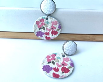 Large leather earrings in pink flowers with white leather stud. Stainless steel post. Hypoallergenic. Light weight earring. 12mm stud.