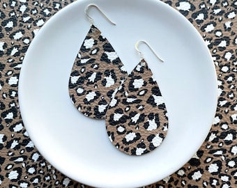 Leather Earrings- Tear Drop wild thing leopard print. Hypoallergenic sterling silver hooks. Light weight earrings.
