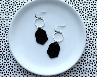 Leather earrings. Black Stella dangle earrings. Sterling silver hooks. Light weight. Leather dangles. Black earrings.