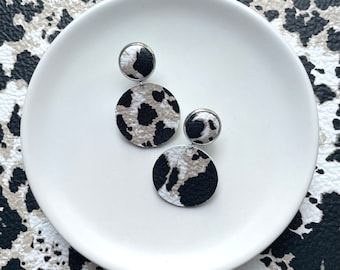 Large leather dangle earrings in alpine leopard with leather stud. Stainless steel post. Hypoallergenic. Light weight earring. 12mm stud.