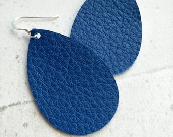 Leather Earrings- Mini Drop in royal blue print. Hypoallergenic sterling silver hooks. Light weight earrings.