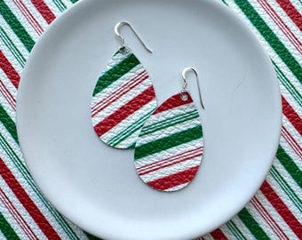 Leather Earrings- Mini Drop in Candy cane print. Hypoallergenic sterling silver hooks. Light weight earrings. Christmas earrings