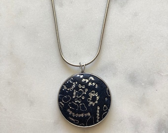Leather Pendant Necklace in our Navy Lace print. Choice of short or long chain. All hypoallergenic surgical stainless steel.
