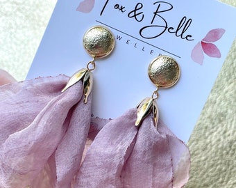 Leather earrings- bluebells in lilac. Soft material earrings. Stainless steel gold stud with floral detail. Lilac earrings. Light weight.