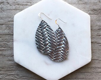 Leather Earrings- Mini Drop in Silver Braided print. Hypoallergenic sterling silver hooks. Light weight earrings.