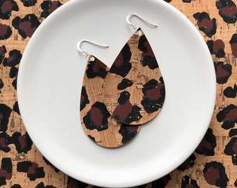 Cork Earrings- Tear Drop in Leopard Cork. Hypoallergenic sterling silver hooks. Light weight earrings.