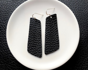 Leather earrings- The Nova in black beauty. Light weight earrings. Hypoallergenic sterling silver hook.