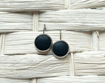 Leather Drop Studs in Navy. Hypoallergenic surgical stainless steel bezel.