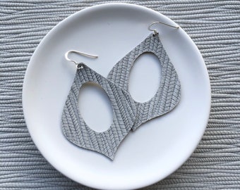 Leather Earrings- Genie shape Bamboo Weave in grey. Hypoallergenic sterling silver hooks. Light weight earrings.
