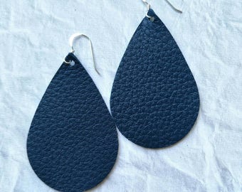 Leather Earrings- Tear Drop navy blue print. Hypoallergenic sterling silver hooks. Light weight earrings.