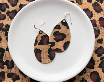 Cork Earrings- Mini Drop in Leopard Cork. Hypoallergenic sterling silver hooks. Light weight earrings.