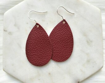 Leather Earrings- Mini Drop in burgundy print. Hypoallergenic sterling silver hooks. Light weight earrings.