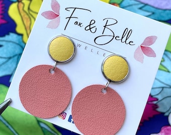 Colour block leather earrings in twin pole. Yellow and peach earrings. Hypoallergenic stainless steel. 12mm stud. Light weight.