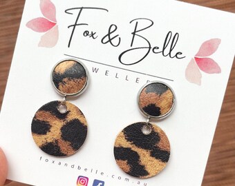 Small leather dangle earrings in leopard. Leopard earrings. Stainless steel. Light weight. Small version- 10mm stud 16mm circle.