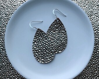 Leather Earrings- Mini Drop in gold bubble print. Hypoallergenic sterling silver hooks. Light weight earrings.