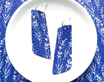 Leather earrings- The Nova in cobalt vine. Light weight earrings. Blue earrings. Hypoallergenic sterling silver hook. Floral earrings