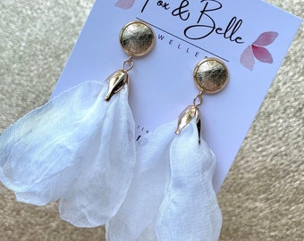 Leather earrings- bluebells in white. Soft material earrings. Stainless steel gold stud with floral detail. White earrings. Light weight.