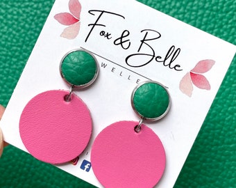 Colour block leather earrings in watermelon crush. Pink and emerald green earrings. Hypoallergenic stainless steel. 12mm stud. Light weight.